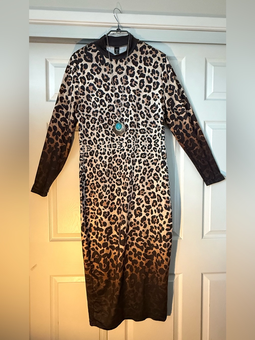 Plus Size Leopard Print Long Sleeve Midi Dress - Neutral Brown